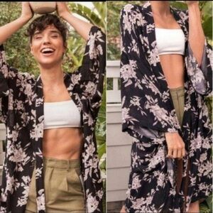 Spiritual Gangster Maya Kimono Black Floral | One Size | Robe / Swim Cover Up